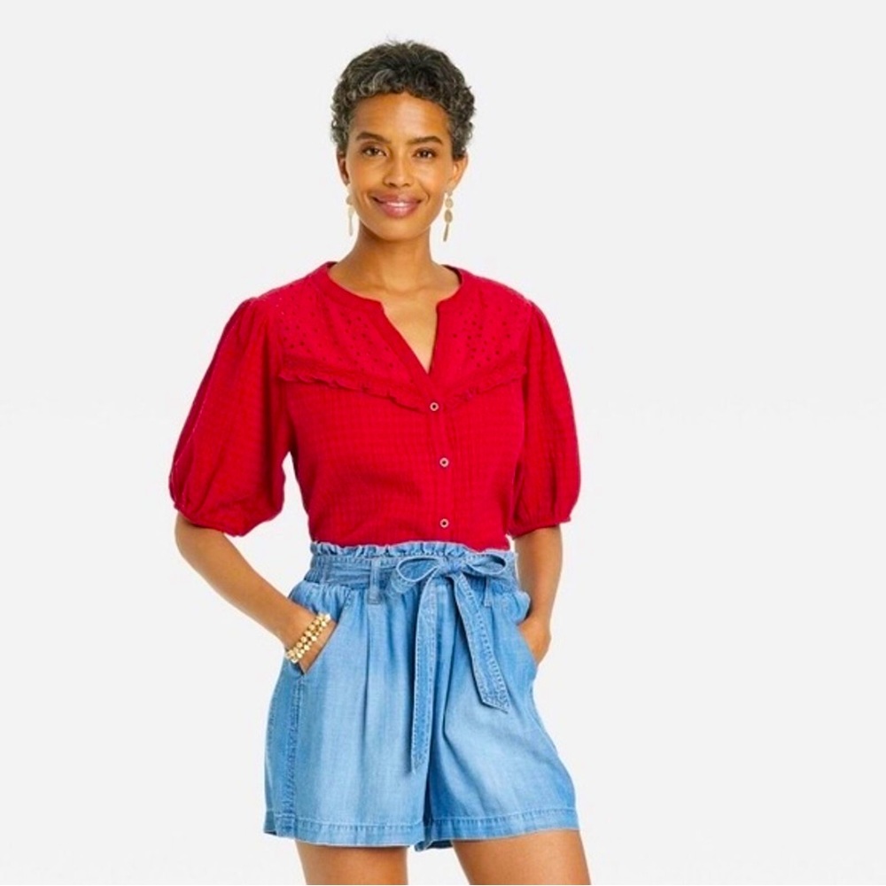Knox Rose Woman’s Red Eyelet Ballon Sleeve Button Front Blouse. Sz XL. NWT